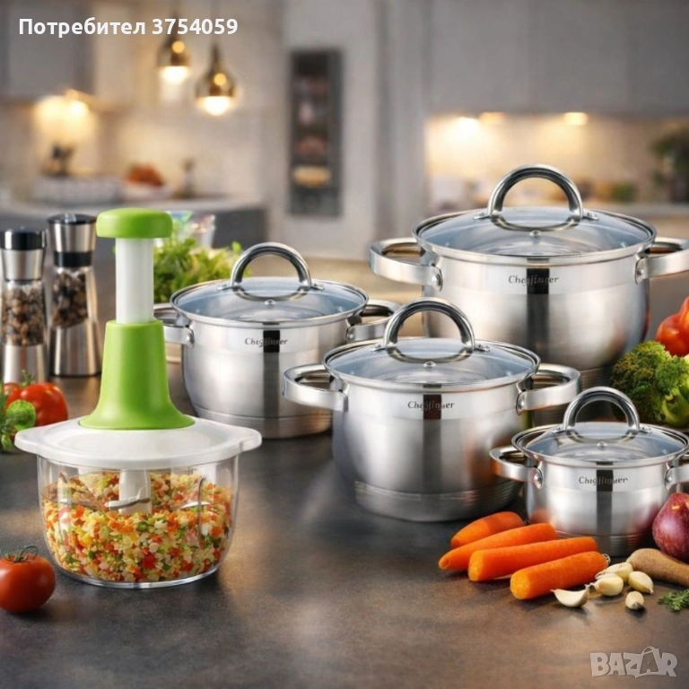 Комплект 4 тенджери от неръждаема стомана с индукционно дъно Cheffinger CF-SS8 + ПОДАРЪК Ръчен чопър, снимка 1