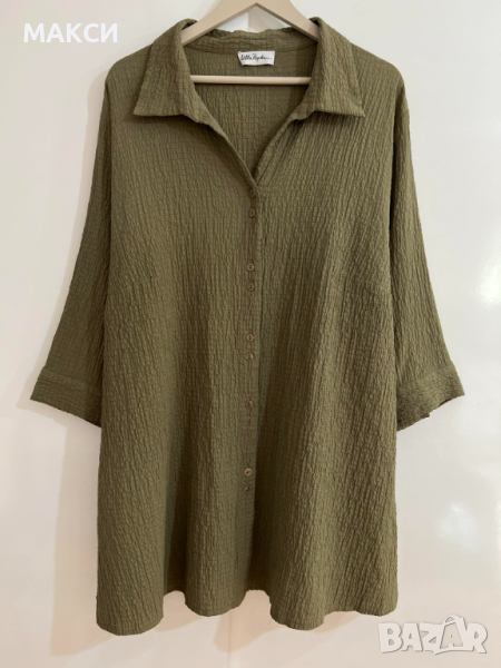 Макси дълга еластична маркова Ulla Popken елегантна стилна релефна риза в пастелно зелено с ¾ ръкави, снимка 1