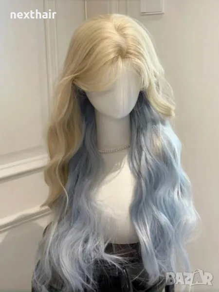 Ефектна перука два цвята русо и синьо на вълни, снимка 1