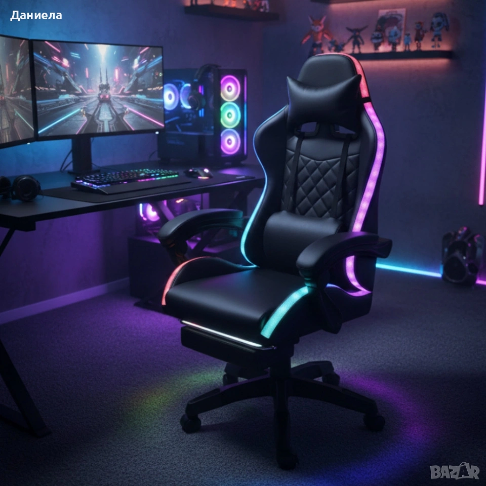 Черен геймърски стол с масаж, LED осветление и поставка за крака – ергономичен, с дистанционно, снимка 1
