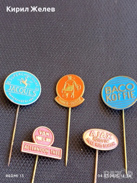 Пет значки стари редки JACQUES, VAN NELLE,BACO KOFFIE за КОЛЕКЦИЯ 61681, снимка 1
