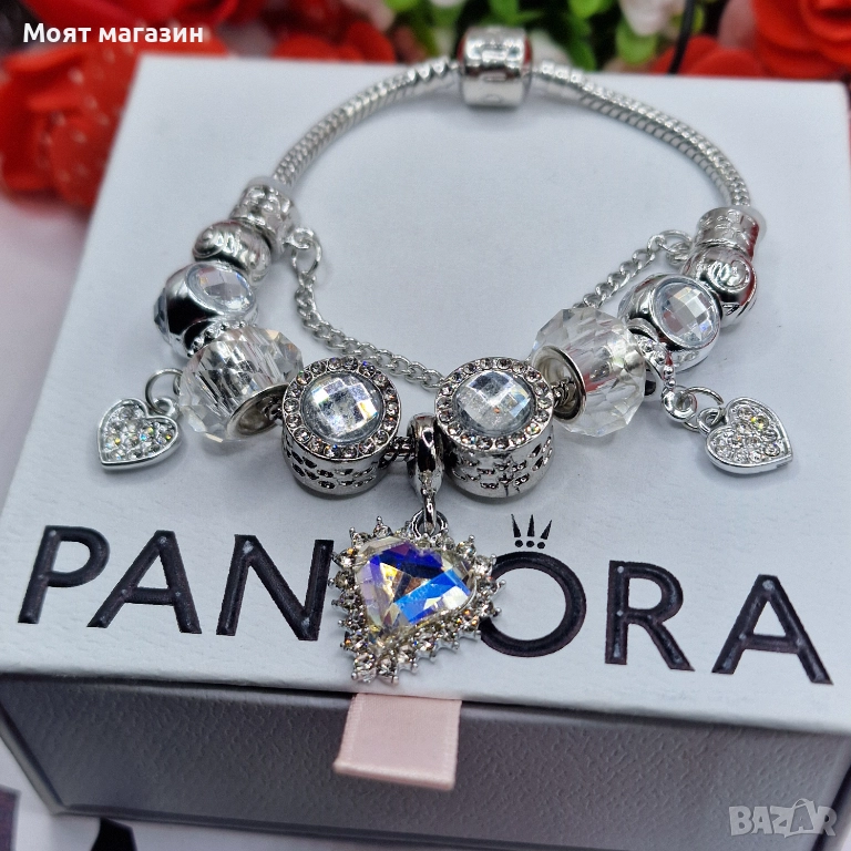 Дамска гривна тип Pandora – сребриста с голяма кристална висулка, снимка 1