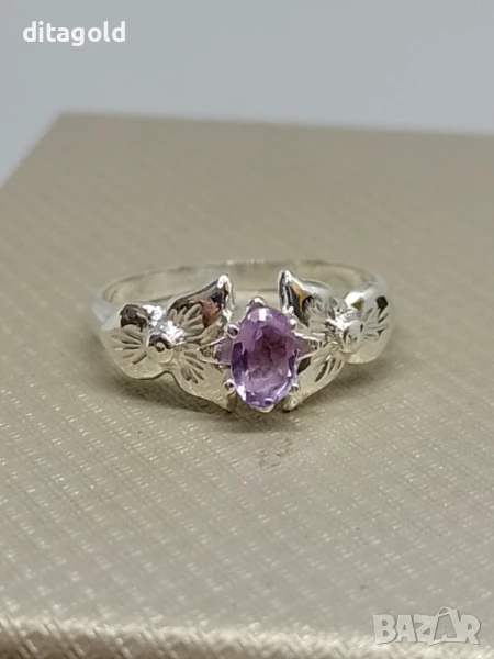 Нов сребърен пръстен 925 с естествен аметист 0.4 ct цена 45 лв, снимка 1