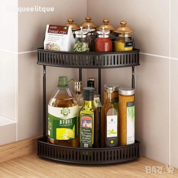 Ъглова стойка за подправки 2 нива – Органайзер за кухня, баня и спалня, без монтаж, снимка 1