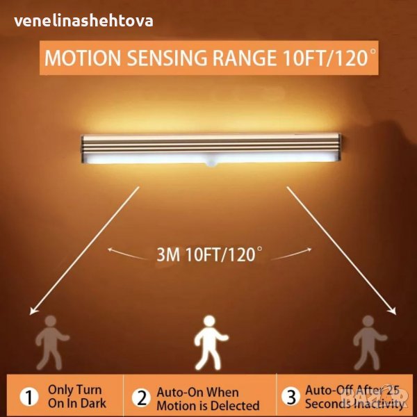 LED нощна лампа със сензор за движение USB зареждане 54 диода 40см. , снимка 1