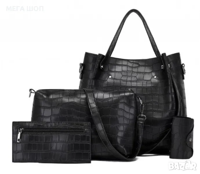 Комплект от дамски чанти в черен цвят, с кроко ефект, снимка 1