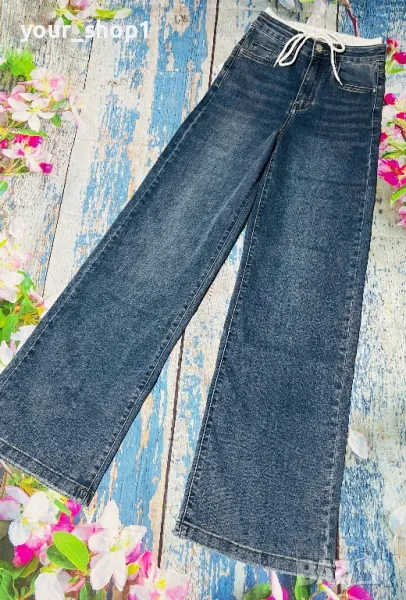 Дамски дънки Чарлстон с ефектен бял ластик при талията широк крачол  , снимка 1