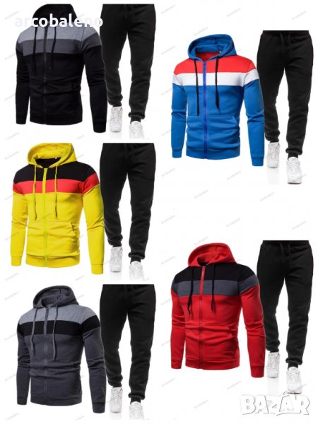 Мъжки комплект с качулка с цип и тесни панталони с цветни блокове, 5цвята, снимка 1