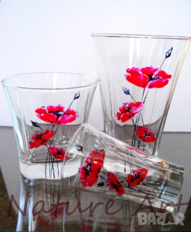 Комплект ръчно рисувани стъклени чаши - 6 чаши за вода в наличност, Ново, снимка 1 - Сервизи - 35090411