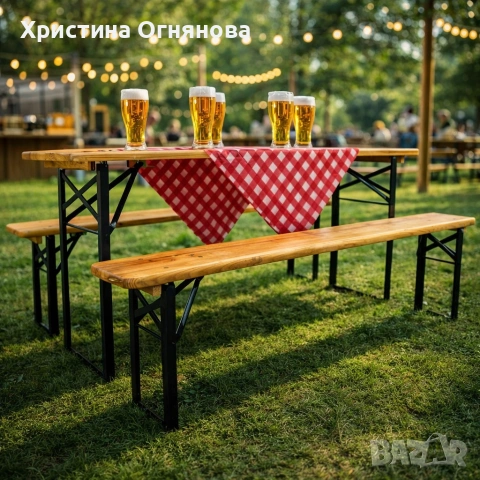 Сгъваем комплект градинска маса с 2 пейки - От чамово дърво, с отвор за чадър