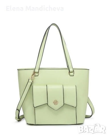 Кожена чанта за рамо с две дръжки външен джоб с капак регулируема презрамка и вътрешни отделения