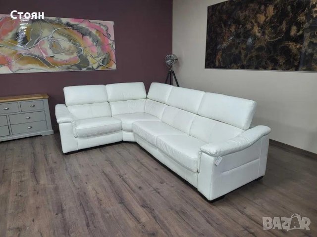Бял ъглов кожен диван с функция сън "Clarence", снимка 11 - Дивани и мека мебел - 42486603