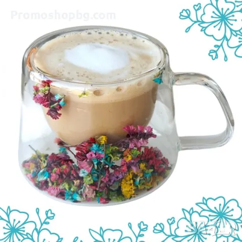 ПРОМОЦИЯ! Двустенна Стъклена чаша със сухи цветя, боросиликатно стъкло, 180 мл, снимка 3 - Чаши - 49090153