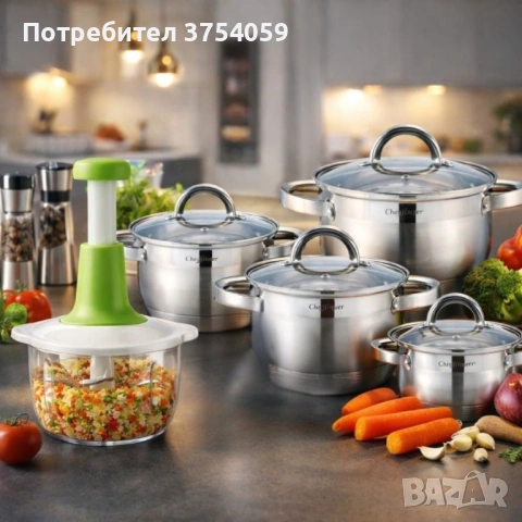 Комплект 4 тенджери от неръждаема стомана с индукционно дъно Cheffinger CF-SS8 + ПОДАРЪК Ръчен чопър