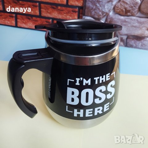 1673 Термо чаша с дръжка и капаче I’m the BOSS here, снимка 2 - Чаши - 30013527