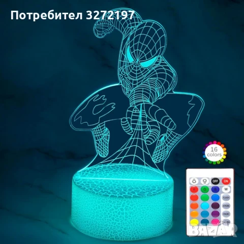 Холограмна 3D LED лампа Spider Man-дистанционно управление 16 цвята+други режими на управление, снимка 1