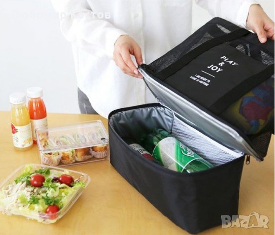 Двойна чанта – мрежеста и термо изолирана част за  охладени /или топли/ храни и напитки. 
