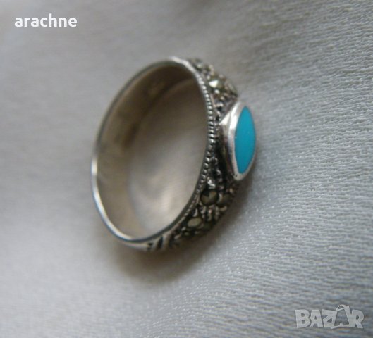 Сребърен пръстен с тюркоаз и марказити, снимка 3 - Пръстени - 40097462