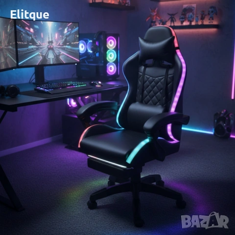 Черен геймърски стол с масаж, LED осветление и поставка за крака – ергономичен, с дистанционно