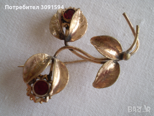  стара брошка цвете  от дубле със  червен кристал, снимка 5 - Други ценни предмети - 36573691