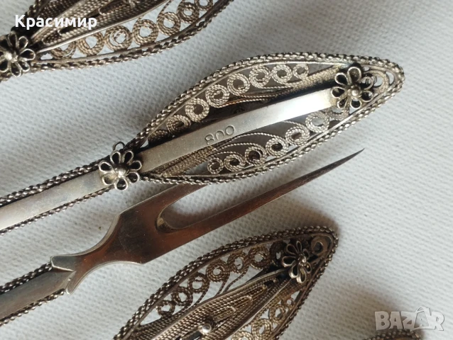   6 вилички СРЕБЪРНИ с филигранна дръжка проба 800, 6 лъжички посребрени,обаче филиграна е сребърен , снимка 8 - Антикварни и старинни предмети - 51413524