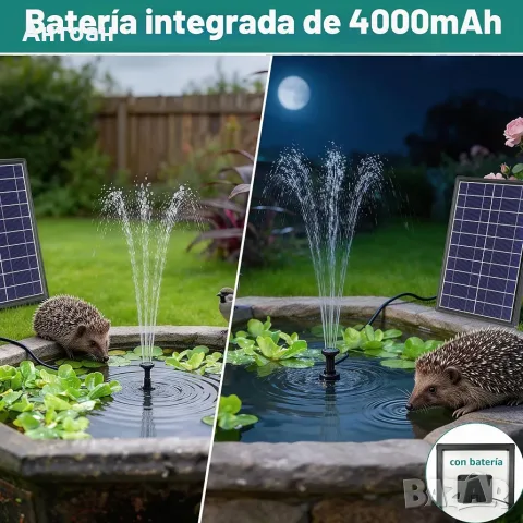 Соларна фонтанна помпа 8W, 300 л/ч, 4000mAh батерия, 8 дюзи – за езеро и градина, снимка 4 - Градински мебели, декорация  - 56093722