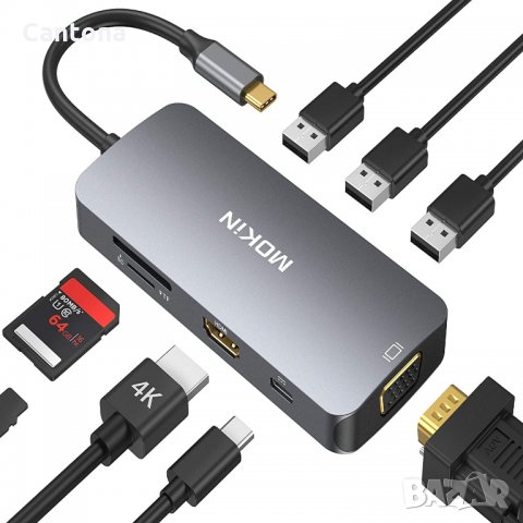 MOKiN USB Type-C Hub  8 в 1, 3xUSB 3.0, HDMI, VGA, /TF/SD четец на карти, PD - 100W