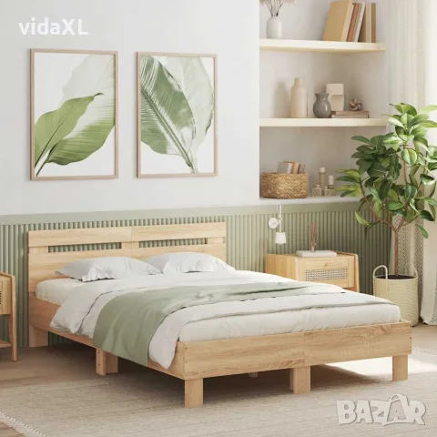 vidaXL Рамка за легло с табла и LED, дъб сонома, 120x200 см, снимка 2 - Спални и легла - 56146677
