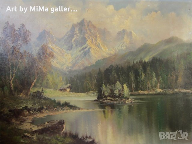 Голяма стара картина планински пейзаж, река Германия. Адолф, снимка 3 - Картини - 31087953