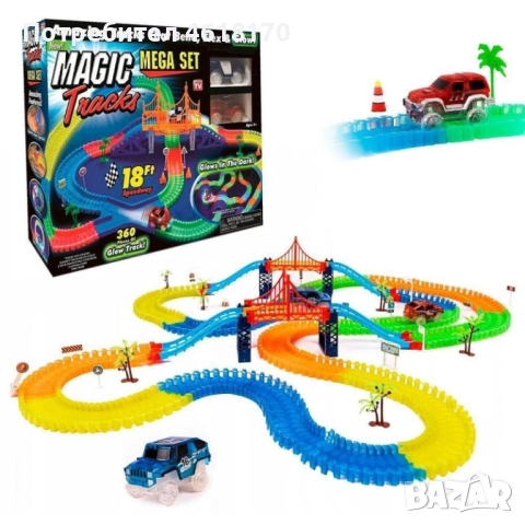 Magic Tracks светеща писта от 360 части, 2 броя колички с лед светлини, мост и пътни знаци