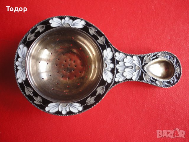 Уникална руска сребърна цедка за чай емайл позлата 916, снимка 5 - Колекции - 38740723
