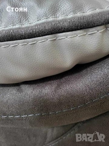 Сив диван тройка от кожа и плат с ръчен релаксиращ механизъм, снимка 7 - Дивани и мека мебел - 44438426