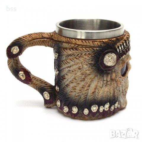 Код 95615 Стилна чаша от полирезин и метал с релефни декорации - череп на индианец, снимка 3 - Чаши - 37034326