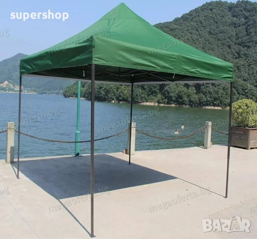 Сгъваема Шатра 3х3 с Усилена Конструкция и Зелено Гумирано Покривало, снимка 10 - Градински мебели, декорация  - 54014262