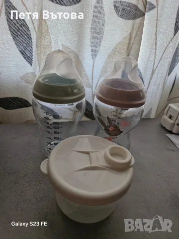 Стъклени шишета Tommee Tippee + контейнер за мляко на прах, снимка 2 - Прибори, съдове, шишета и биберони - 56124151