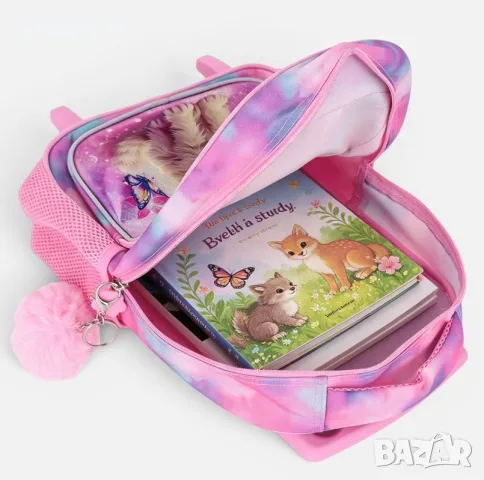 Ученическа раница с колелца за детска градина, розова Tie Dye с коте, 26.5x11.5x33cm, снимка 2 - Раници - 55941761