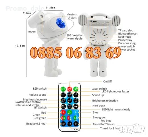 Лампа проектор Астронавт с Bluetooth, музика и 12 светлинни ефекти, снимка 6 - Декорация за дома - 47339368