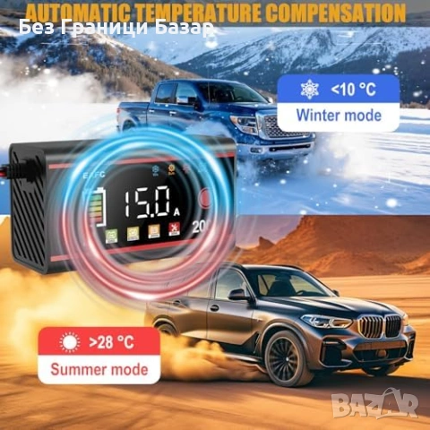 Нова 15A 12V смарт зарядно за акумулатор LCD LiFePO4 AGM GEL кола автомобил, снимка 7 - Друга електроника - 54226287