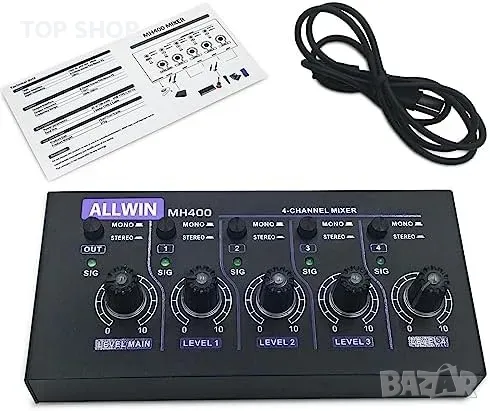 ALLWIN DC5V 4-канален мини аудио миксер 4 в 1 изход Моно и стерео поддръжка за субмиксер, снимка 4 - Слушалки и портативни колонки - 48764531