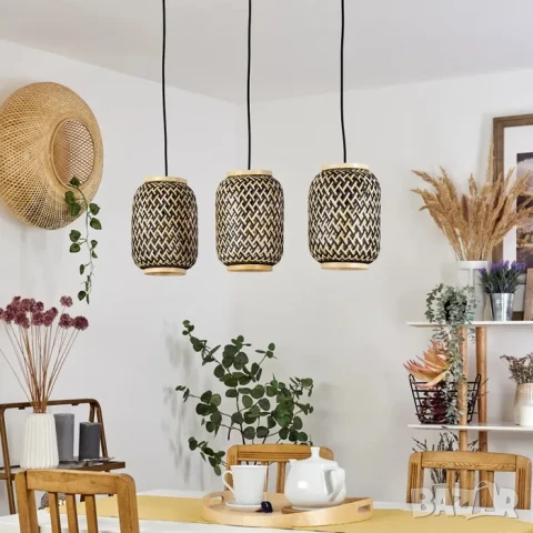 Полилей Лампа VENUS ратанова с три глави винтидж 50 см черна основа, снимка 11 - Лампи за таван - 51423444