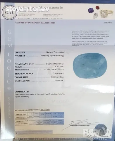 Параиба турмалин в неоново син цвят и тегло 3.20кт.! Сертификат+Оценка! , снимка 4 - Пръстени - 45349557
