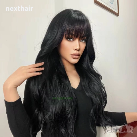 Черна къдрава перука с бретон, снимка 2 - Аксесоари за коса - 51732340