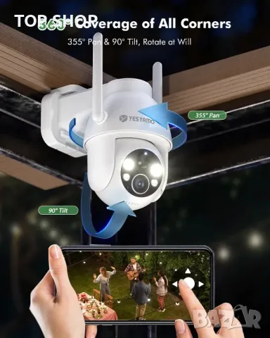 YESYAMO 360° PTZ WiFi 2K QHD 3MP Соларна охранителна безжична камера за видеонаблюдение/PIR сензор, снимка 6 - HD камери - 49308584
