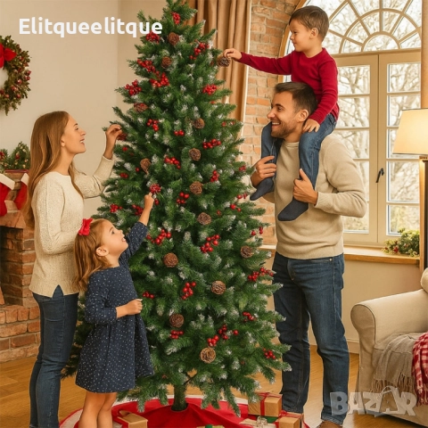 Изкуствена елха Luxury Diamond с червен глог и шишарки, снимка 6 - Декорация за дома - 52167198