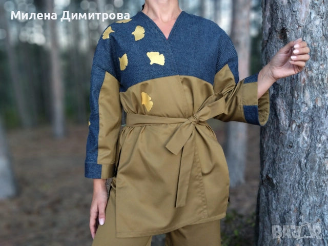 Кимоно с деним и ръчно рисувана Гинко Билоба 