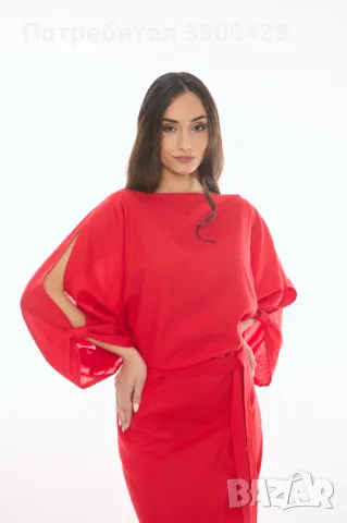 Ленена Рокля Melani - Червена, снимка 3 - Рокли - 49723569