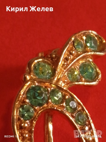 Винтидж брошка тип букет със златист цвят и зелени кристали ЦИРКОН 25847, снимка 2 - Други - 52569782