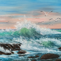 морски пейзаж с вълни и чайки маслена картина , снимка 2 - Картини - 44567180