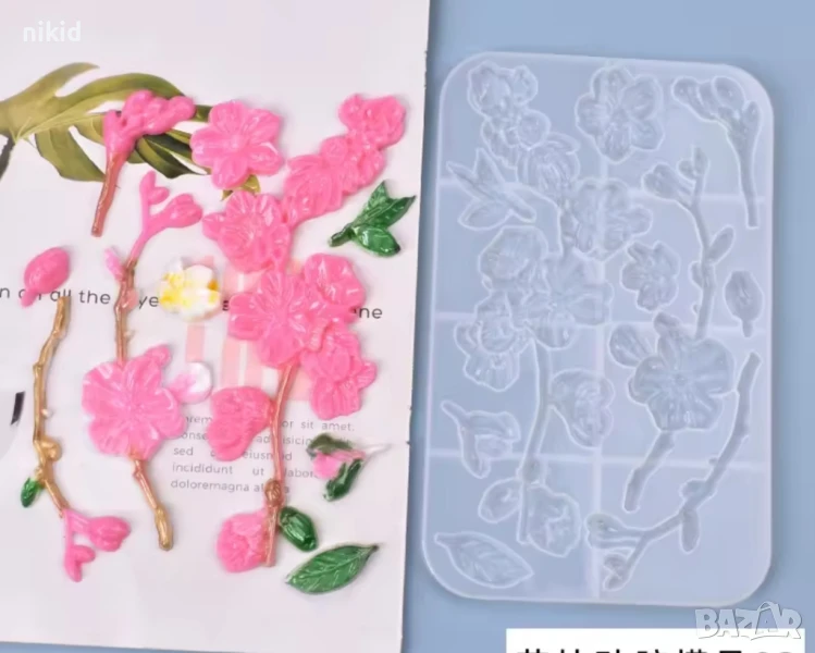 Грамаден клон клонка цъфнали цветя вишнев цвят силиконов молд форма фондан шоколад смола гипс декор, снимка 1