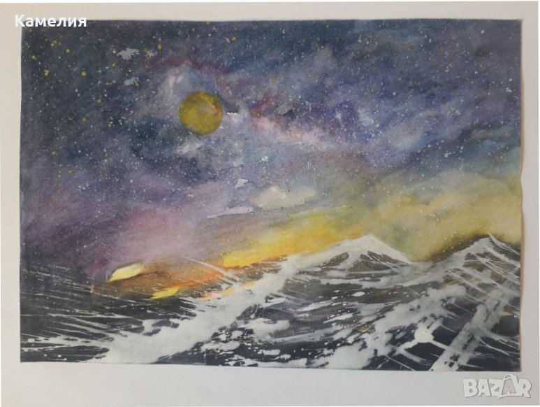 Картина: "Пълнолуние над върховете" акварел, снимка 1
